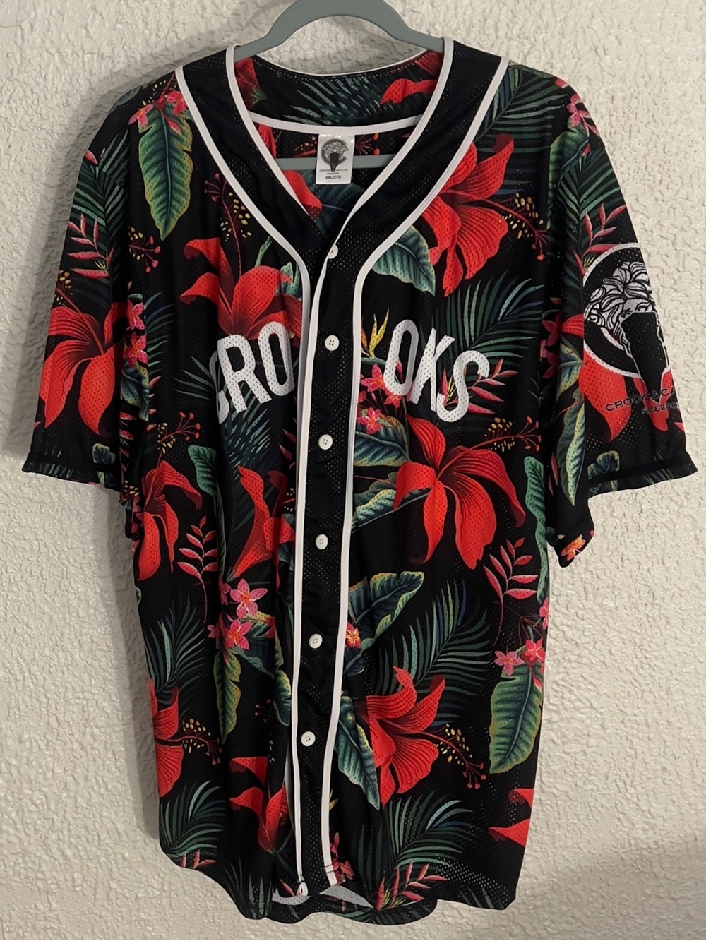 Crooks & Castles Black Baseball Jersey with Red & Green Floral Print